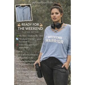 Inspired Hearts Weekend Warrior Blue Graphic Long Sleeve‎ Open Back Top Plus 1X